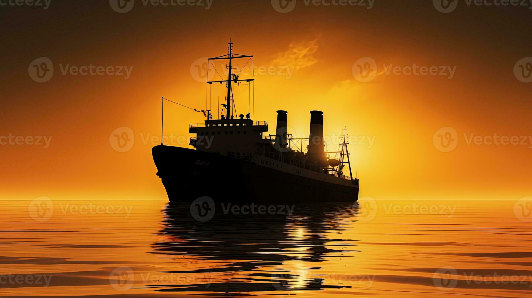 Ship silhouette at sunrise over golden sea photo