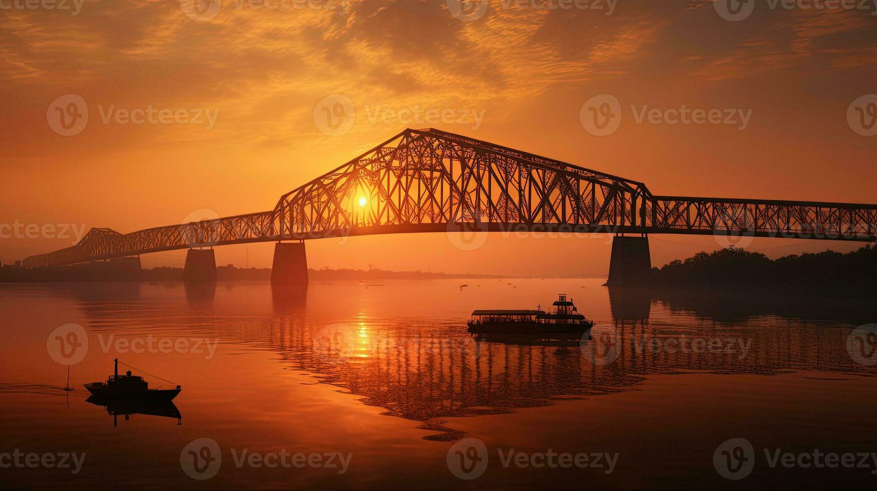 Sunrise silhouette of Howrah Bridge a suspended span over the Hooghly River in West Bengal photo