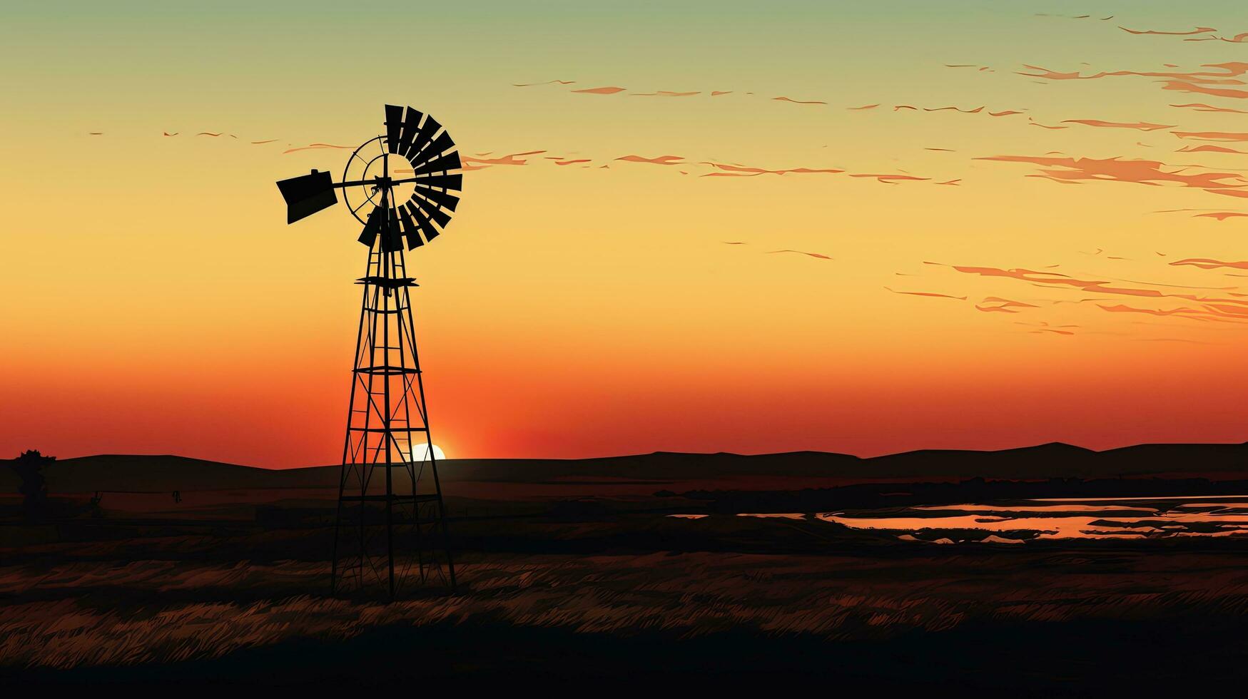 Windmill silhouette at sunset old fashioned style photo