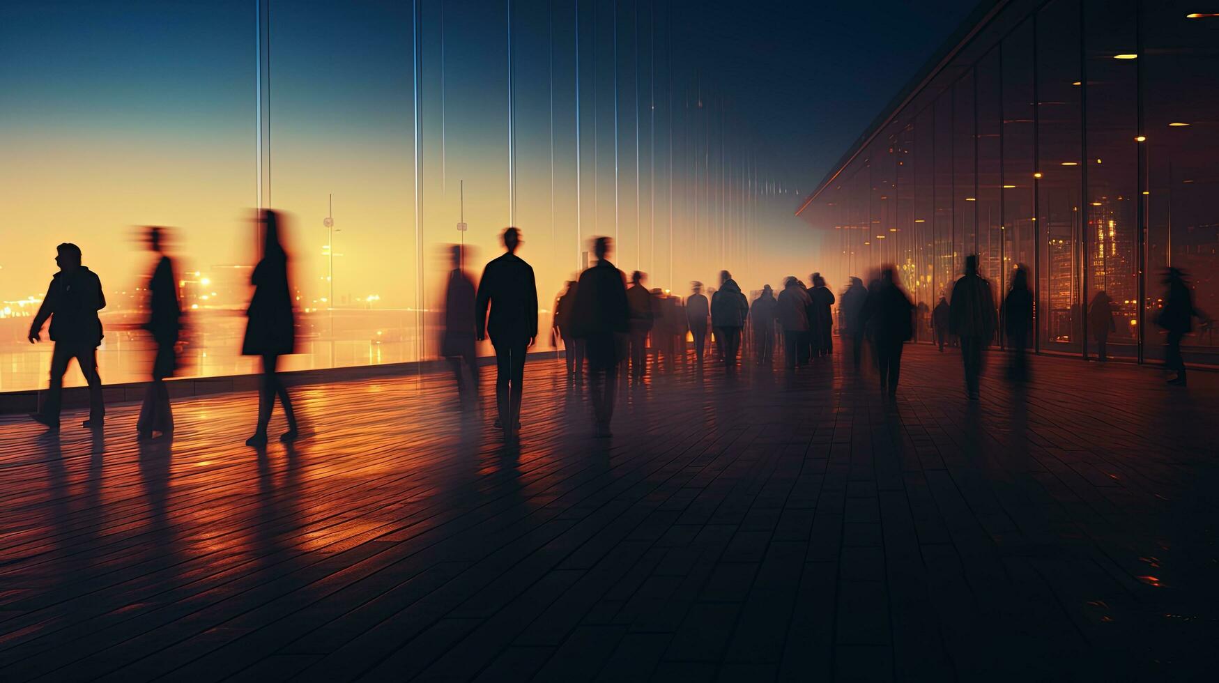 Twilight walkway with blurred silhouettes of walking people photo