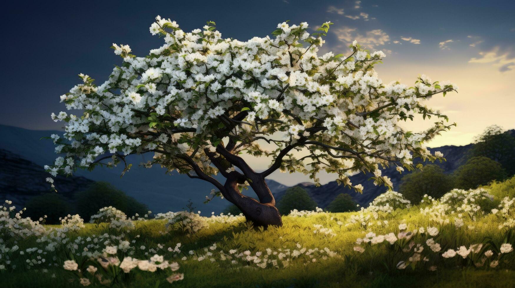 Blooming apple tree with white flowers. silhouette concept photo