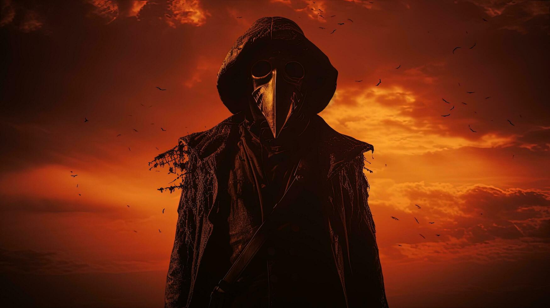 Grim masked silhouette amid a sunset s backdrop edited with avant garde grunge photo