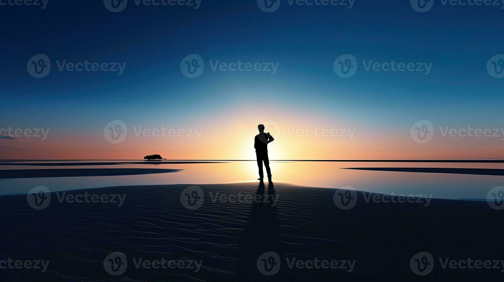 Man photographs on white sand. silhouette concept photo