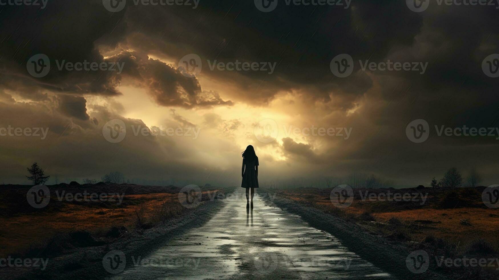 Solitary woman in natural surroundings on a cloudy day with a road. silhouette concept photo