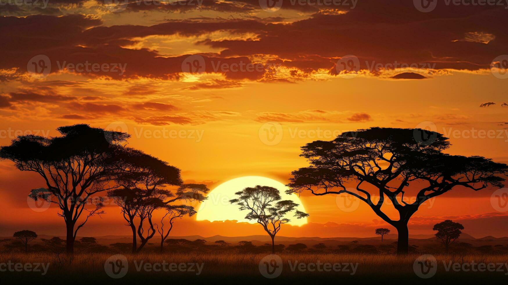 Sunset at a South African nature reserve casting tree silhouettes photo