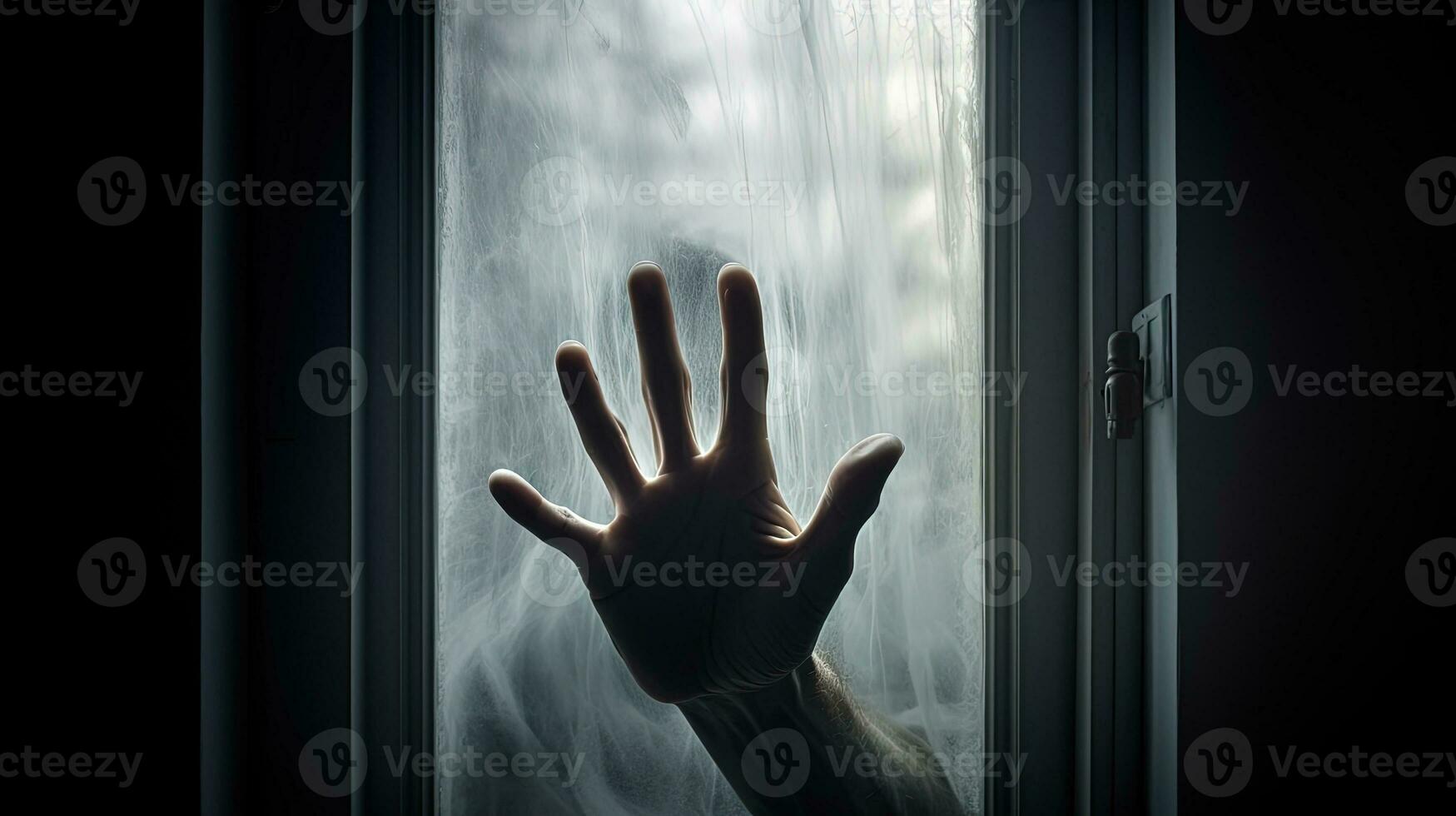 Hand silhouette behind window or glass door representing fear or terror photo