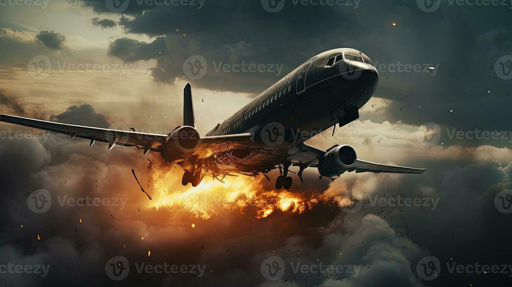 Dangerous situation leads to plane crash in the air. silhouette concept photo