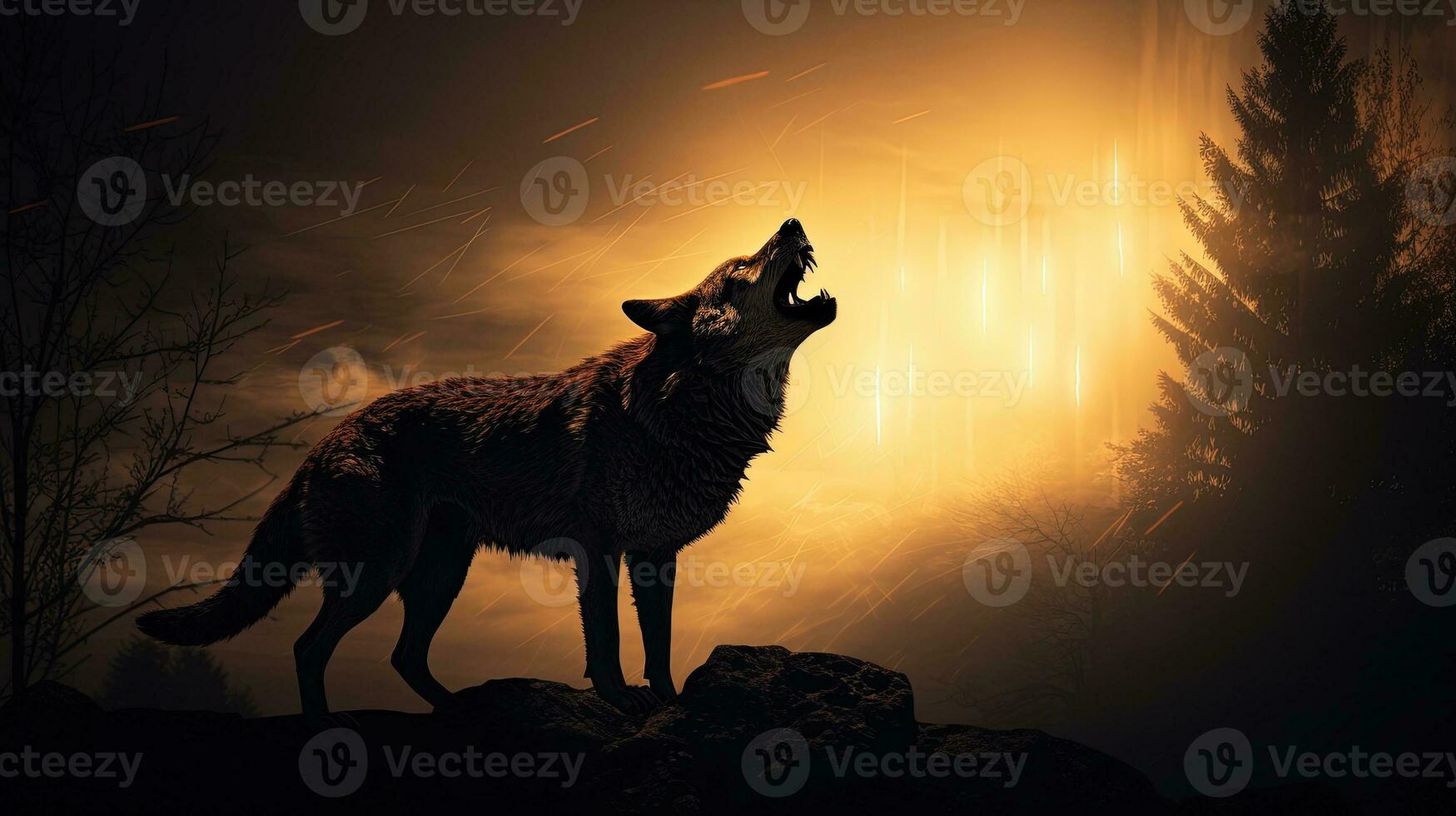 Silhouetted wolf howling at full moon in foggy background Halloween horror concept photo