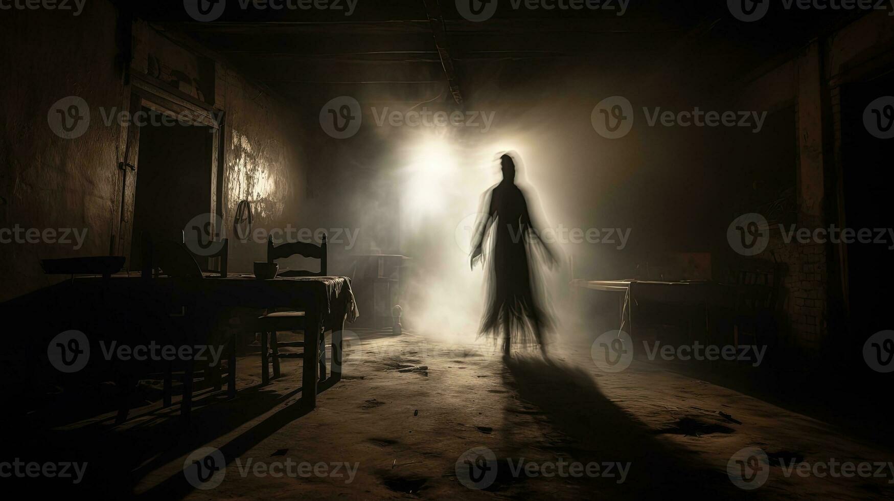An eerie ghostly figure captured in an aged dusty cellar s photograph. silhouette concept photo