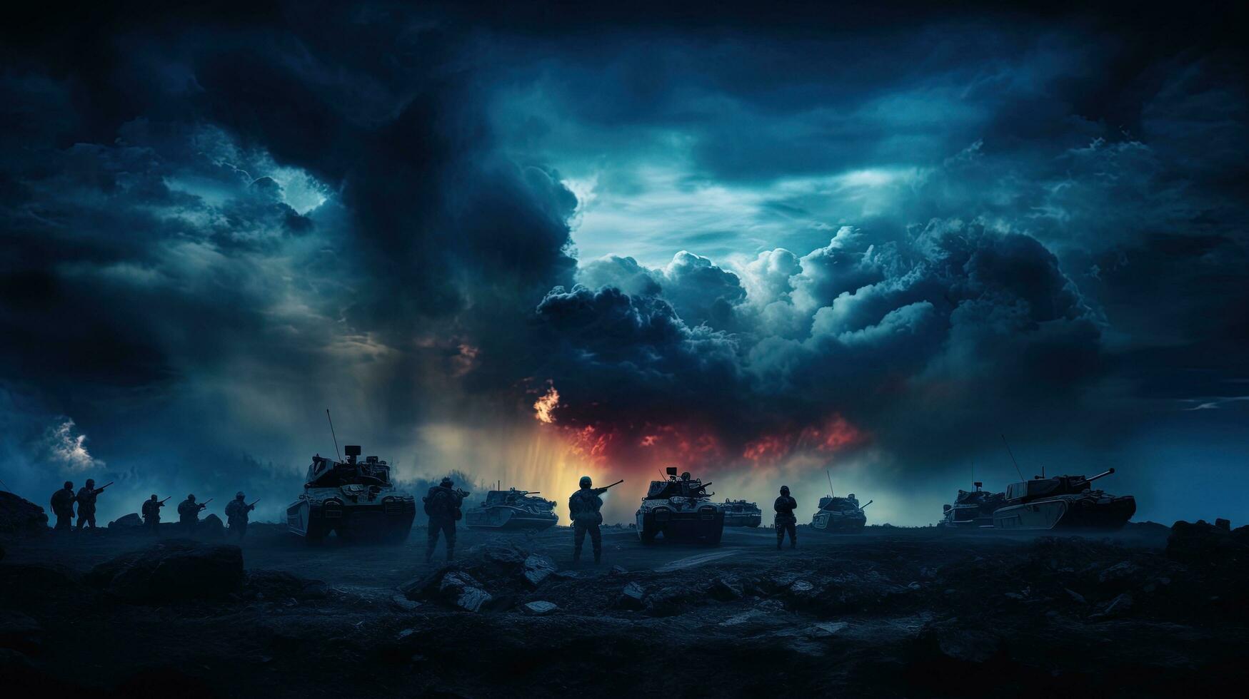 Silhouettes of soldiers fighting in war with tanks and armored vehicles below a cloudy skyline at night photo