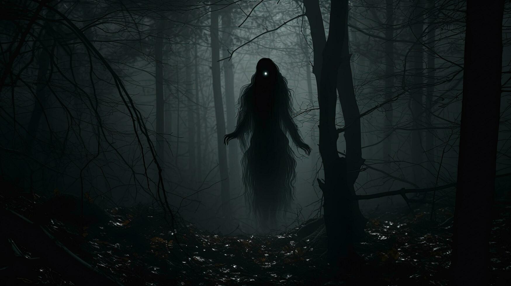 espantoso hembra fantasma con negro pelo en un oscuro bosque. silueta concepto foto