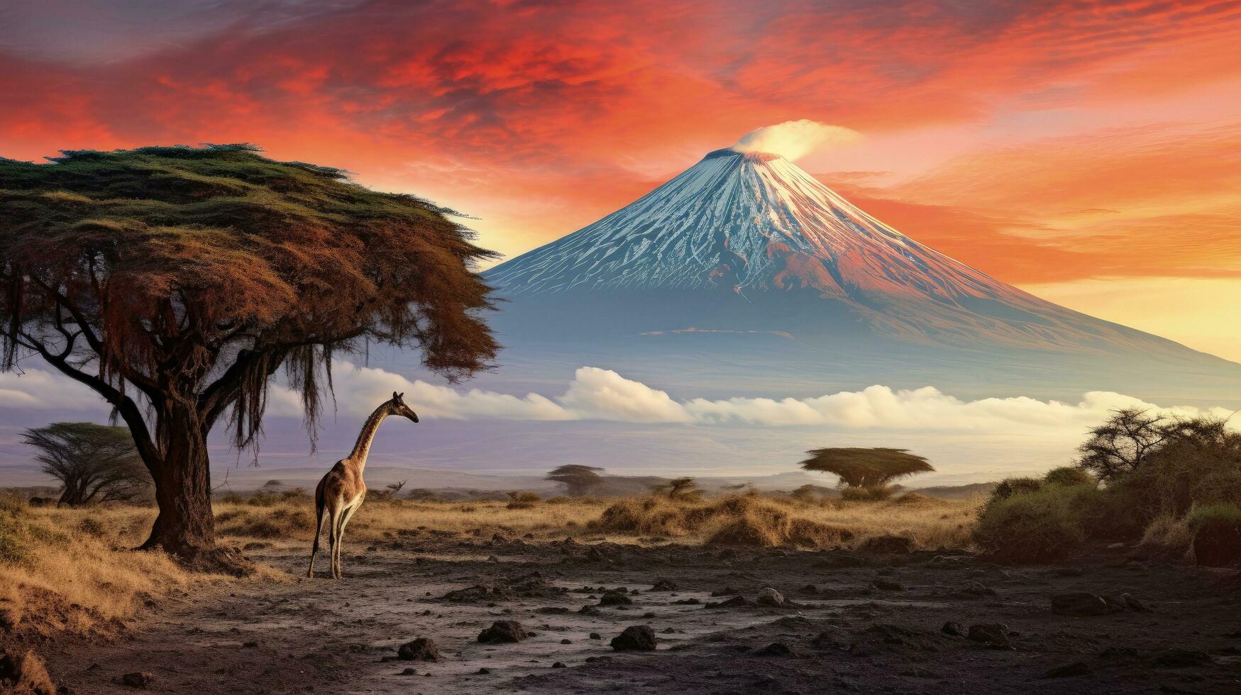 Giraffe silhouette in vibrant African landscape near Kilimanjaro volcano Amboseli national park Kenya Wildlife photography in Kenya African morning atmosphere photo