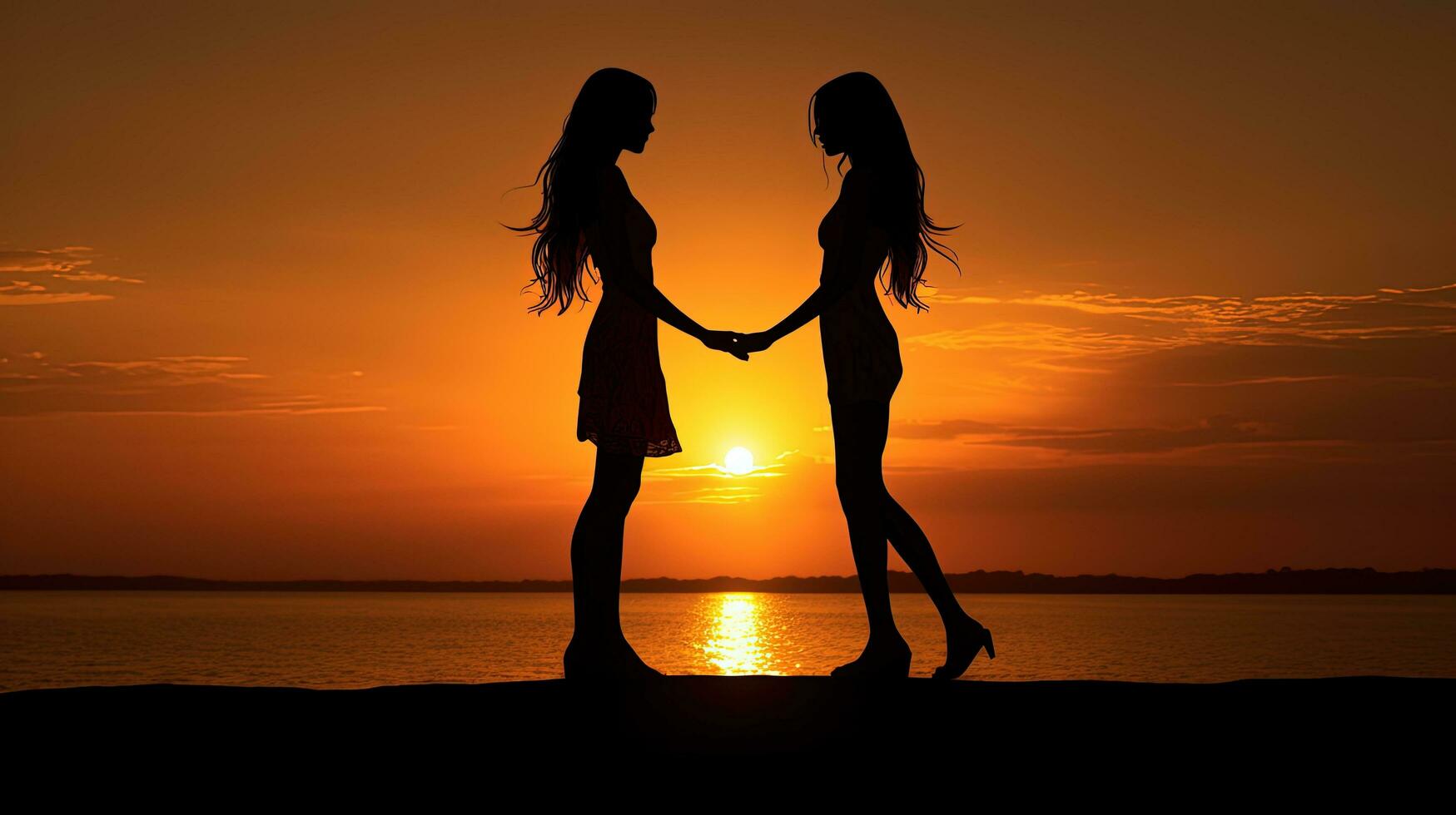 Two girls silhouettes during sunset photo