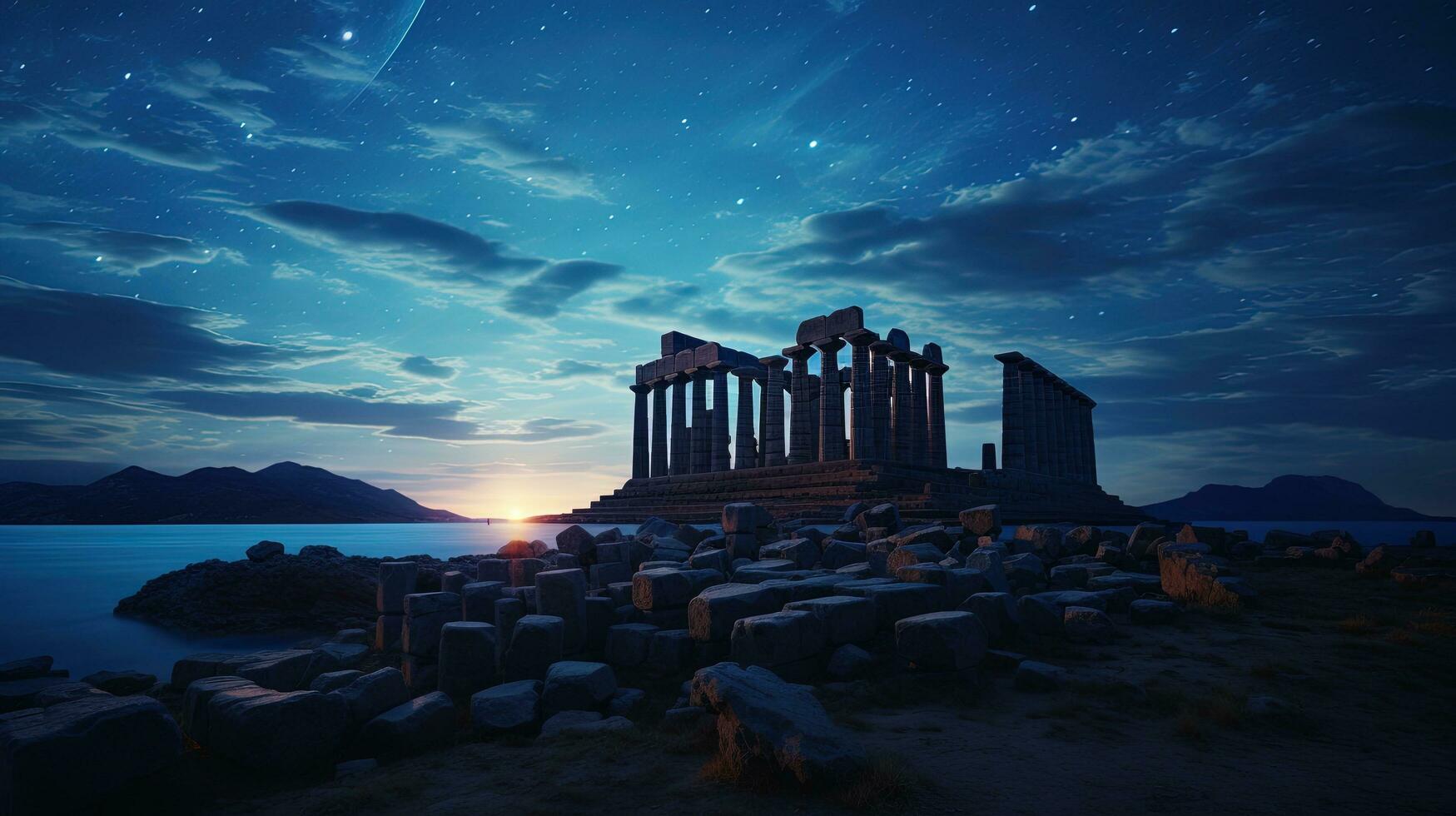 Poseidón s templo debajo un noche cielo lleno con estrellas. silueta concepto foto