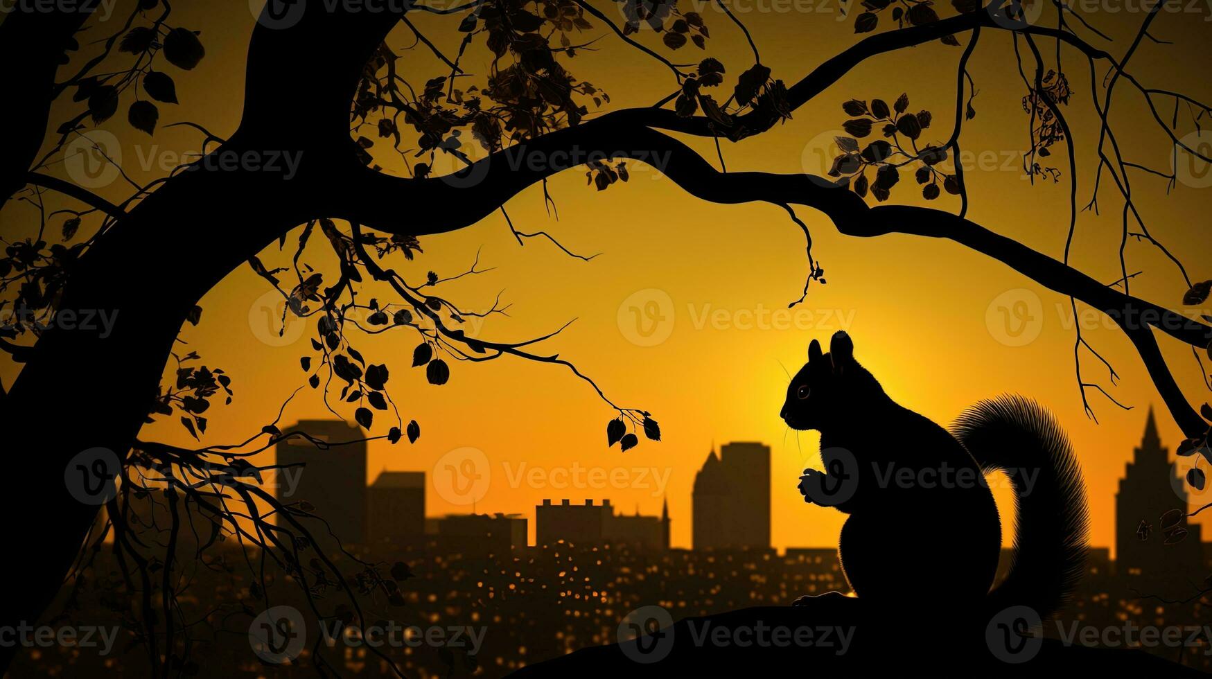 Urban area with backlit squirrel silhouette and empty space for logo or content photo
