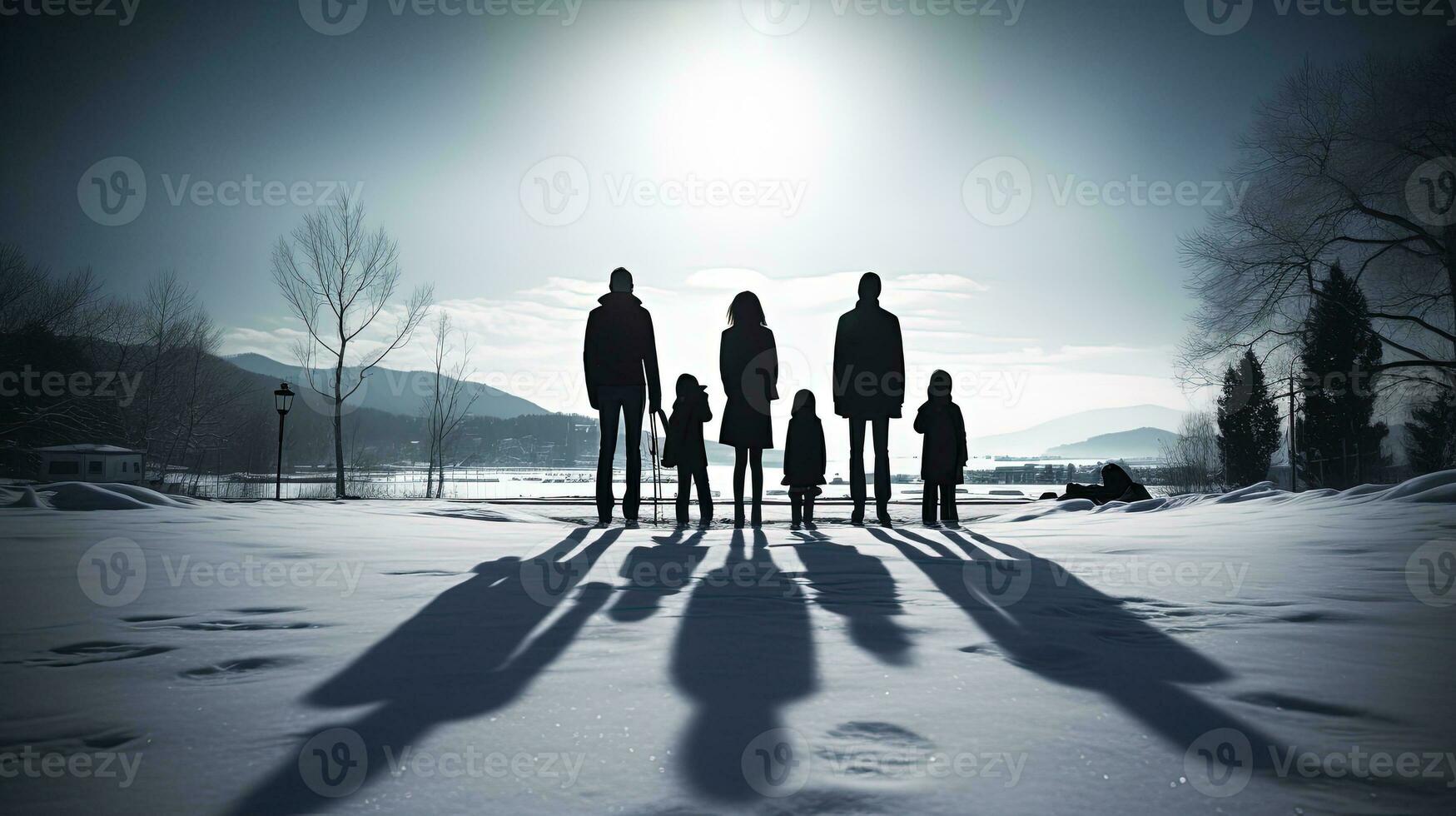 Winter brings a shadow to the family. silhouette concept photo