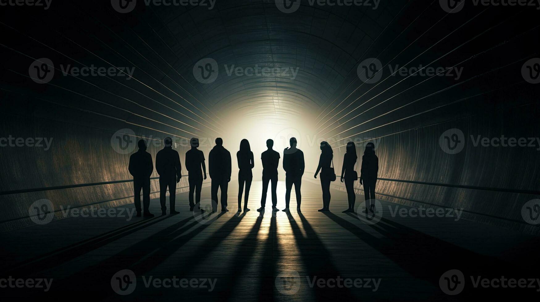 Silhouettes of individuals in a tunnel photo