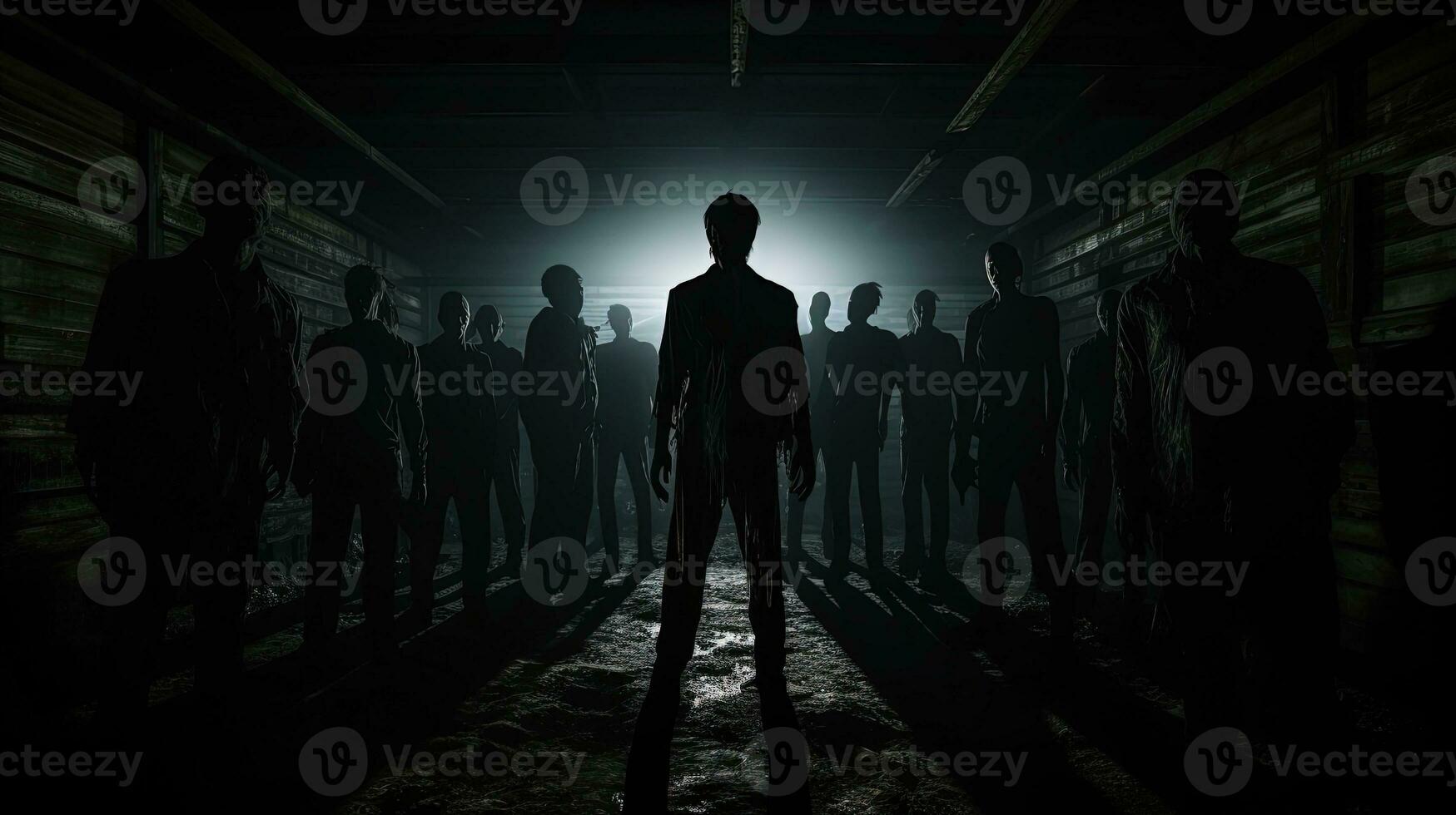 Spooky silhouettes of horror zombies standing in a dark abandoned building photo