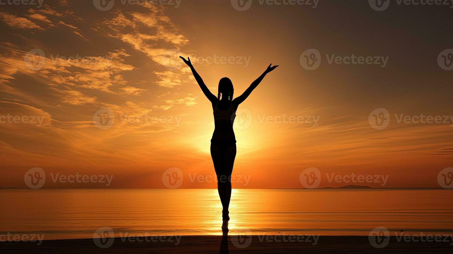 hembra gimnasta s sombra en playa puesta de sol. silueta concepto foto