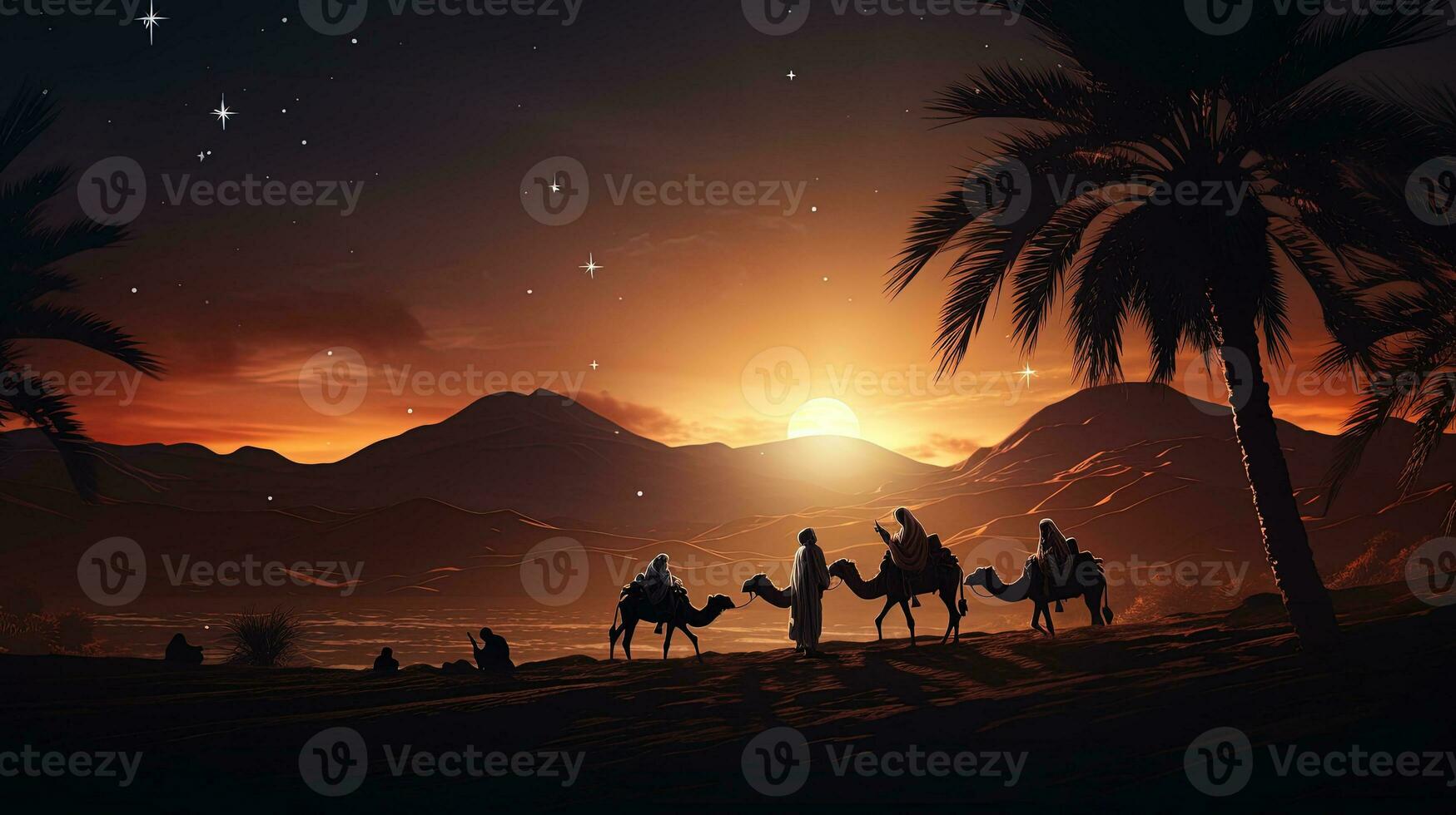 Evening desert nativity scene during Christmas. silhouette concept photo