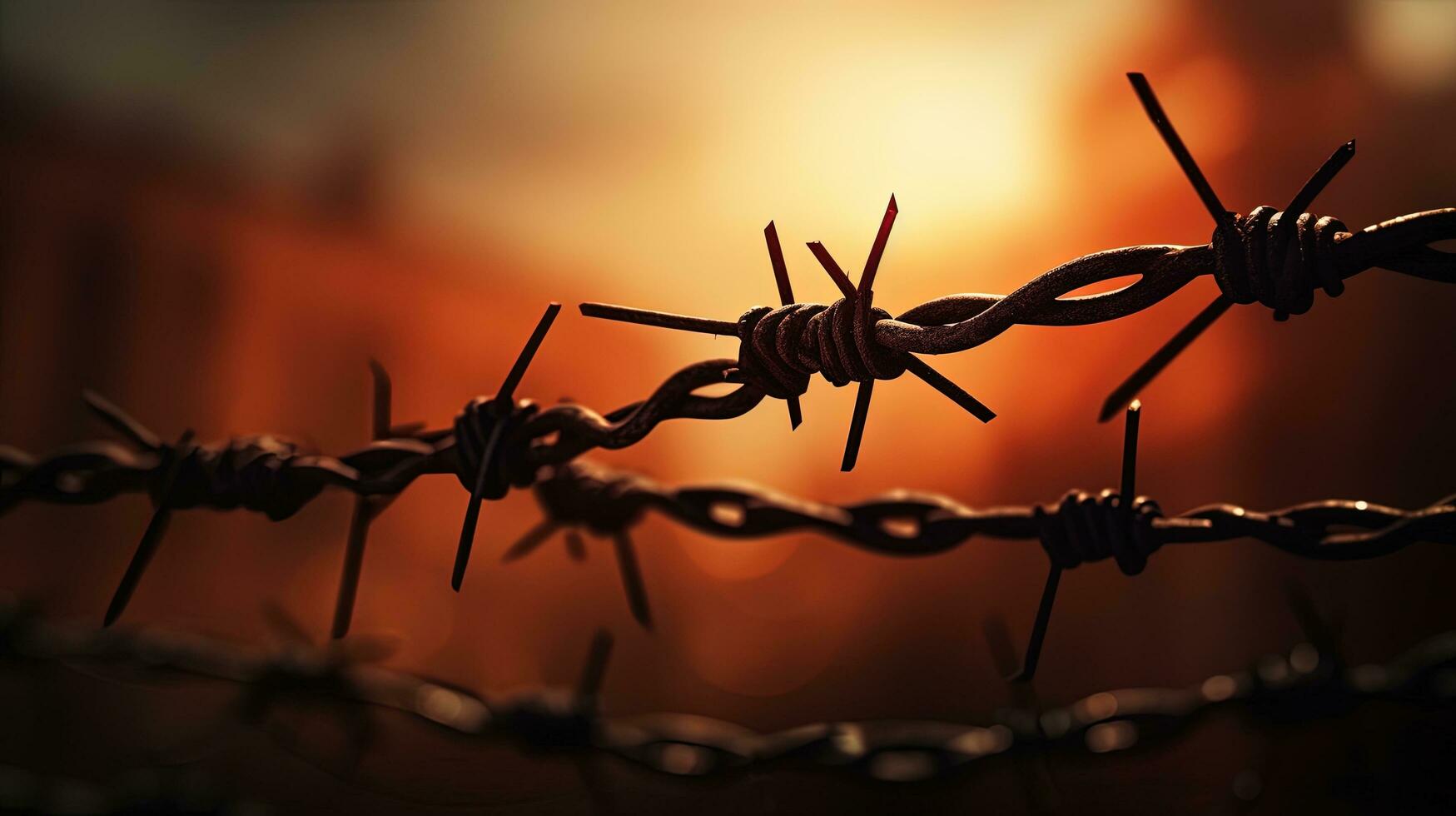 Selective Focus on wall with aged barbed wire fence. silhouette concept photo