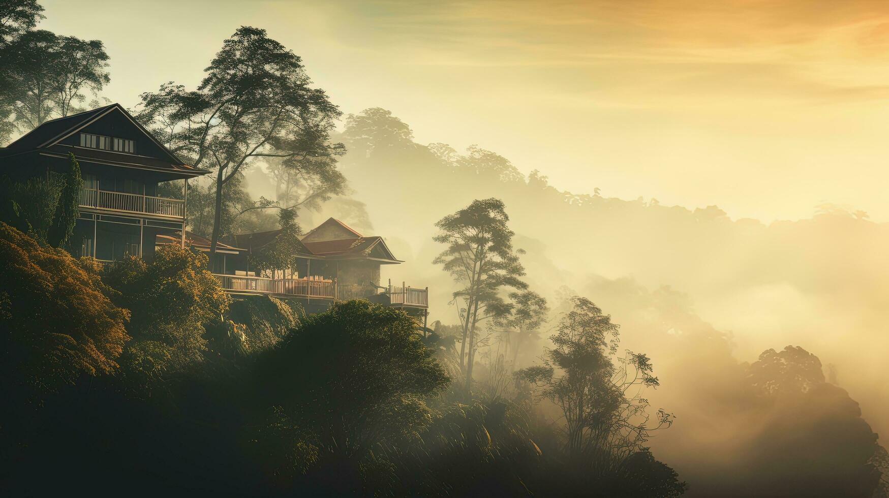 Vintage appearance of Thai hill Khao Krachom displaying fog trees and house. silhouette concept photo