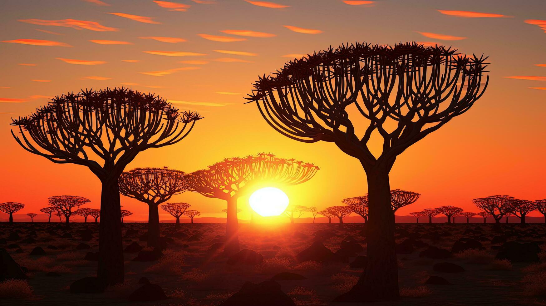 Sunrise in Namibia shows the outline of quiver trees. silhouette concept photo