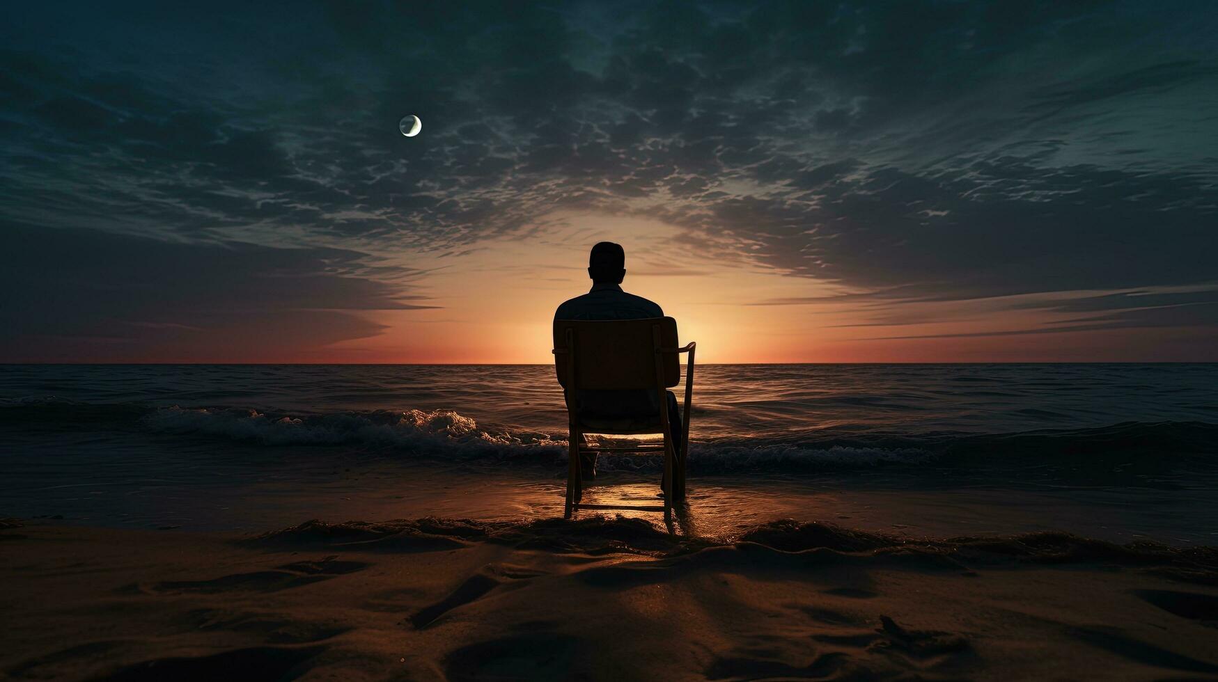 el hombre sentado playa. silueta concepto foto