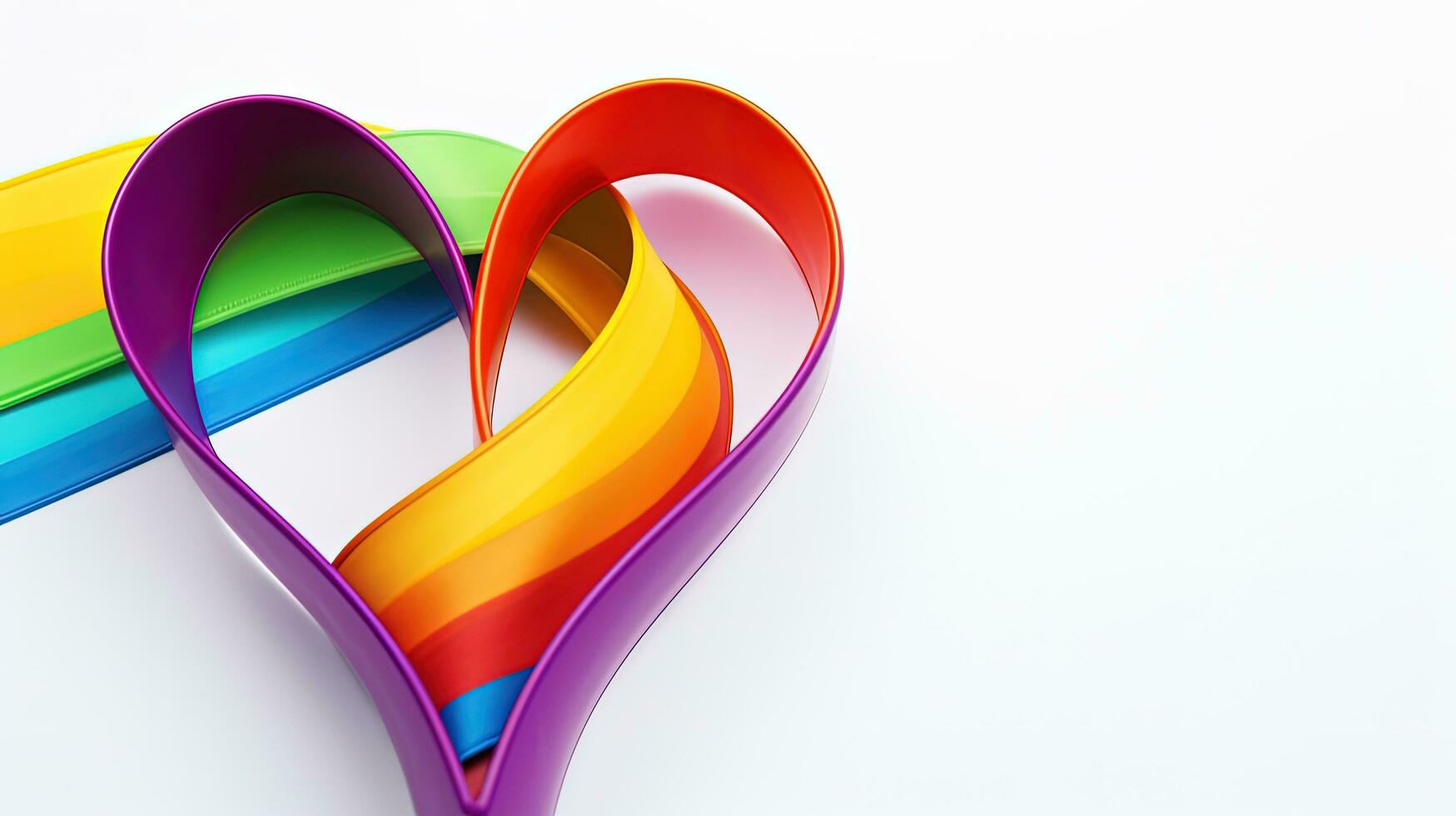 A heart shaped LGBT rainbow ribbon rests on a white backdrop representing same sex love and pride. silhouette concept photo