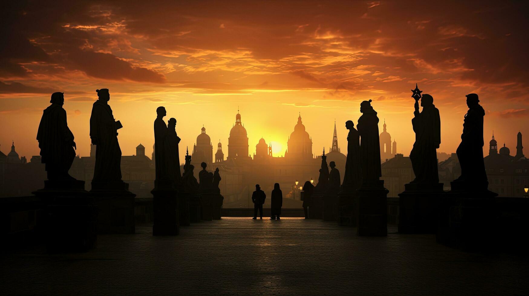 Silhouettes of statues and rooftops of cityscape at Charles Bridge in Prague Czech Republic illuminated by the sunset photo