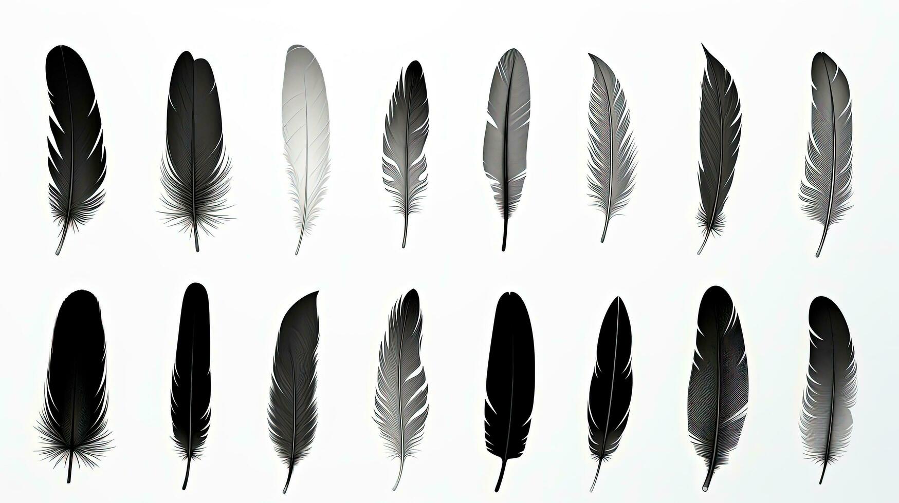 maravilloso conjunto de negro plumas solo en un blanco fondo. silueta concepto foto