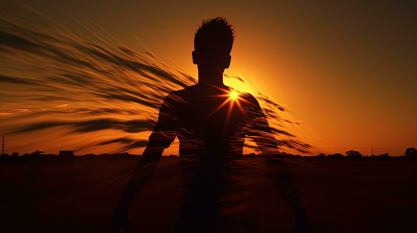 Man s silhouette in front of the setting sun photo