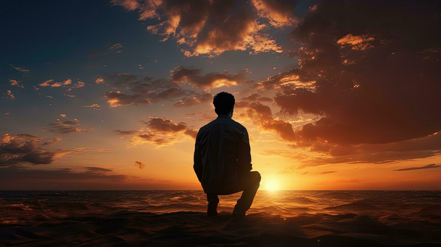 Man waiting at sunset golden sky silhouette photo