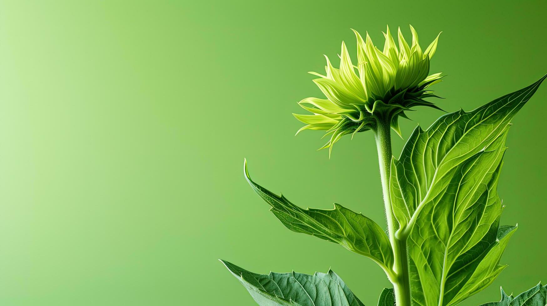 Minimal flower arrangement with sunflower bud cast in artistic shadow against a green backdrop. silhouette concept photo