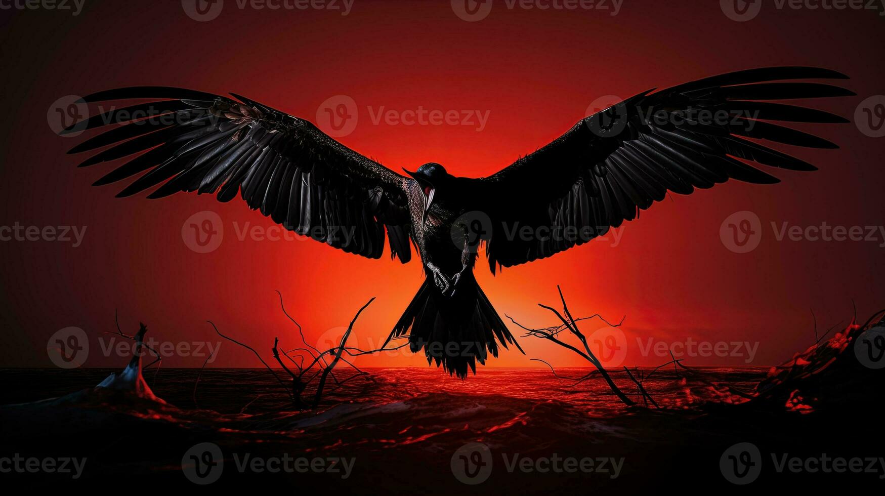 In flight a male frigatebird with a red poach in Ecuador s Galapagos National Park. silhouette concept photo