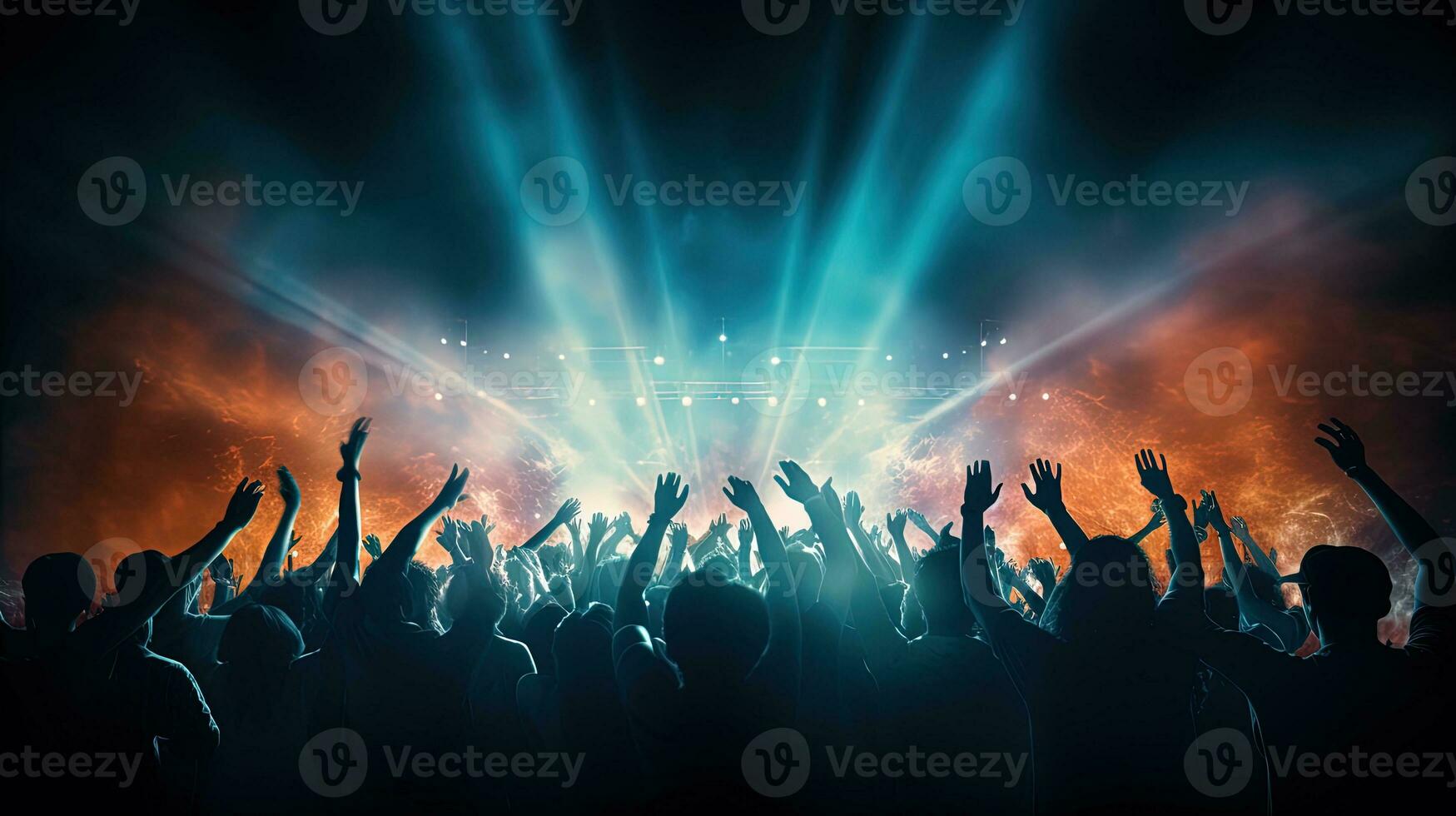 crowd cheering in front of stage lights. silhouette concept photo