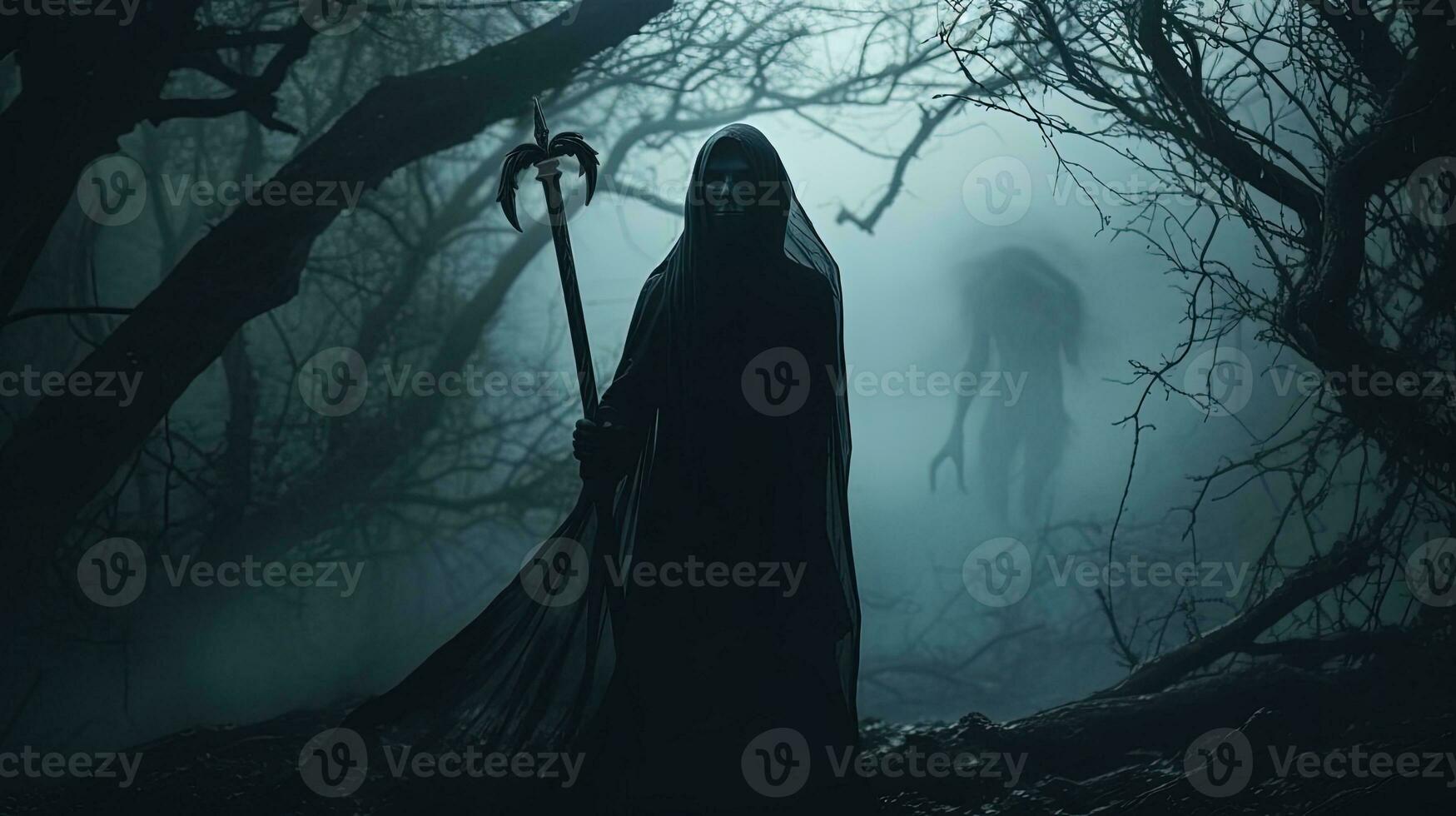 A spooky forest with a ghostly woman holding a scythe alluding to Halloween. silhouette concept photo