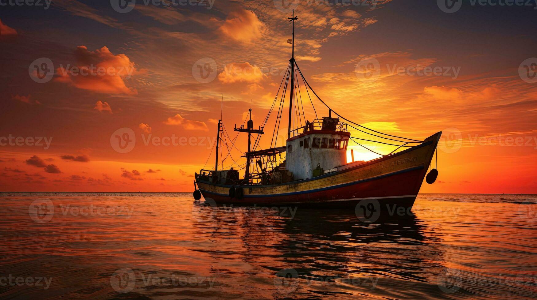 Thai fishing boat on sunset HuaHin Thailand with a distinct outline. silhouette concept photo