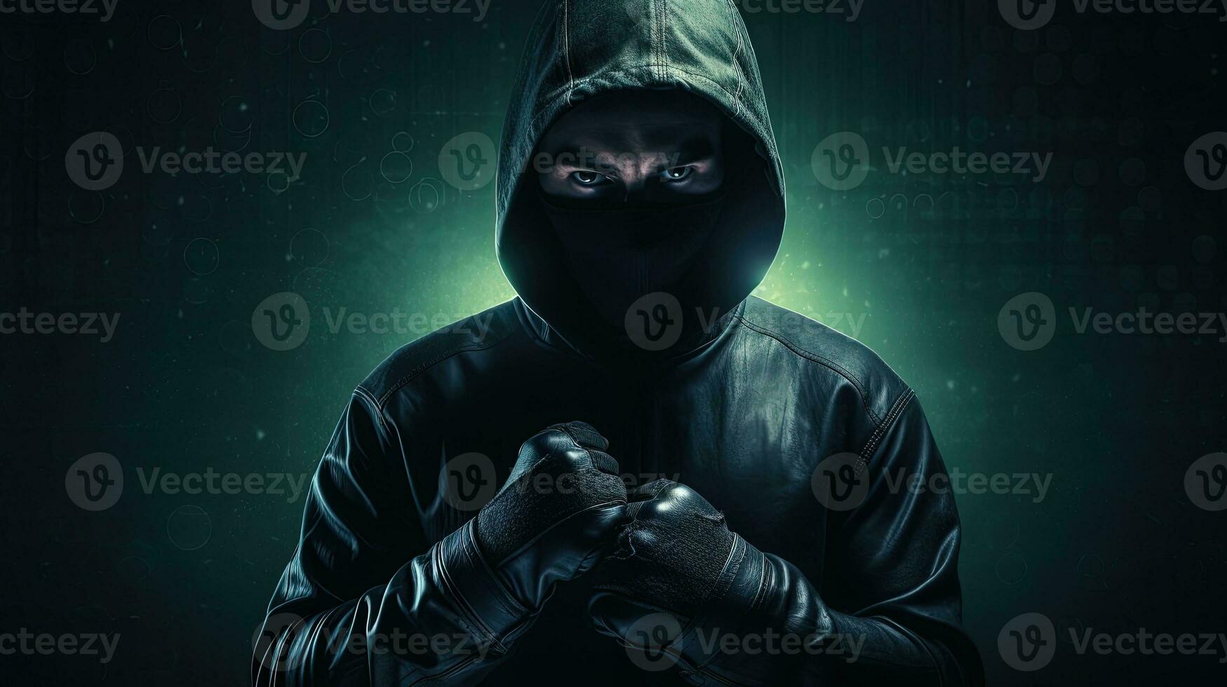 Anonymous dark figure with boxing gloves engaging in cyber crime and malware activities with a focus on internet hacking and system disruption. silhouette concept photo