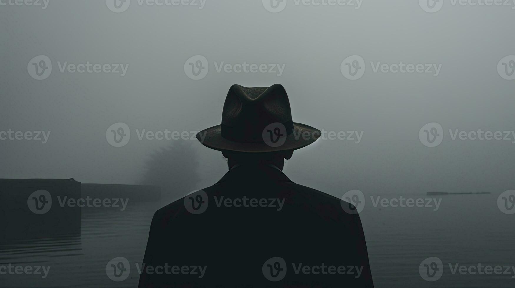 Man in hat in the rain watching fog approach from the sea noir vibes. silhouette concept photo