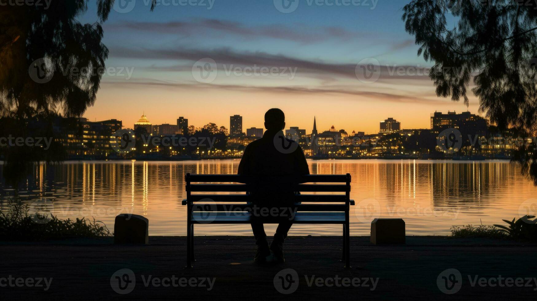 Man sitting on Lake Merritt bench with laptop. silhouette concept photo