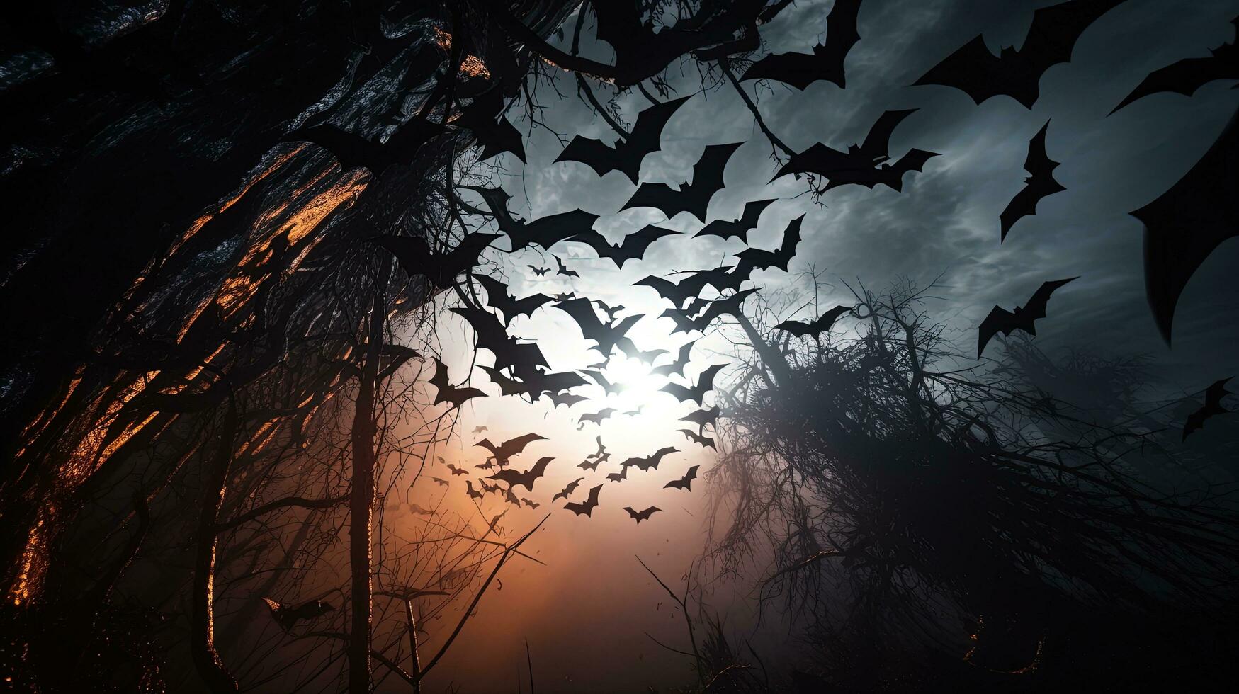 Víspera de Todos los Santos motivos grupo de murciélagos encaramado en un árbol. silueta concepto foto