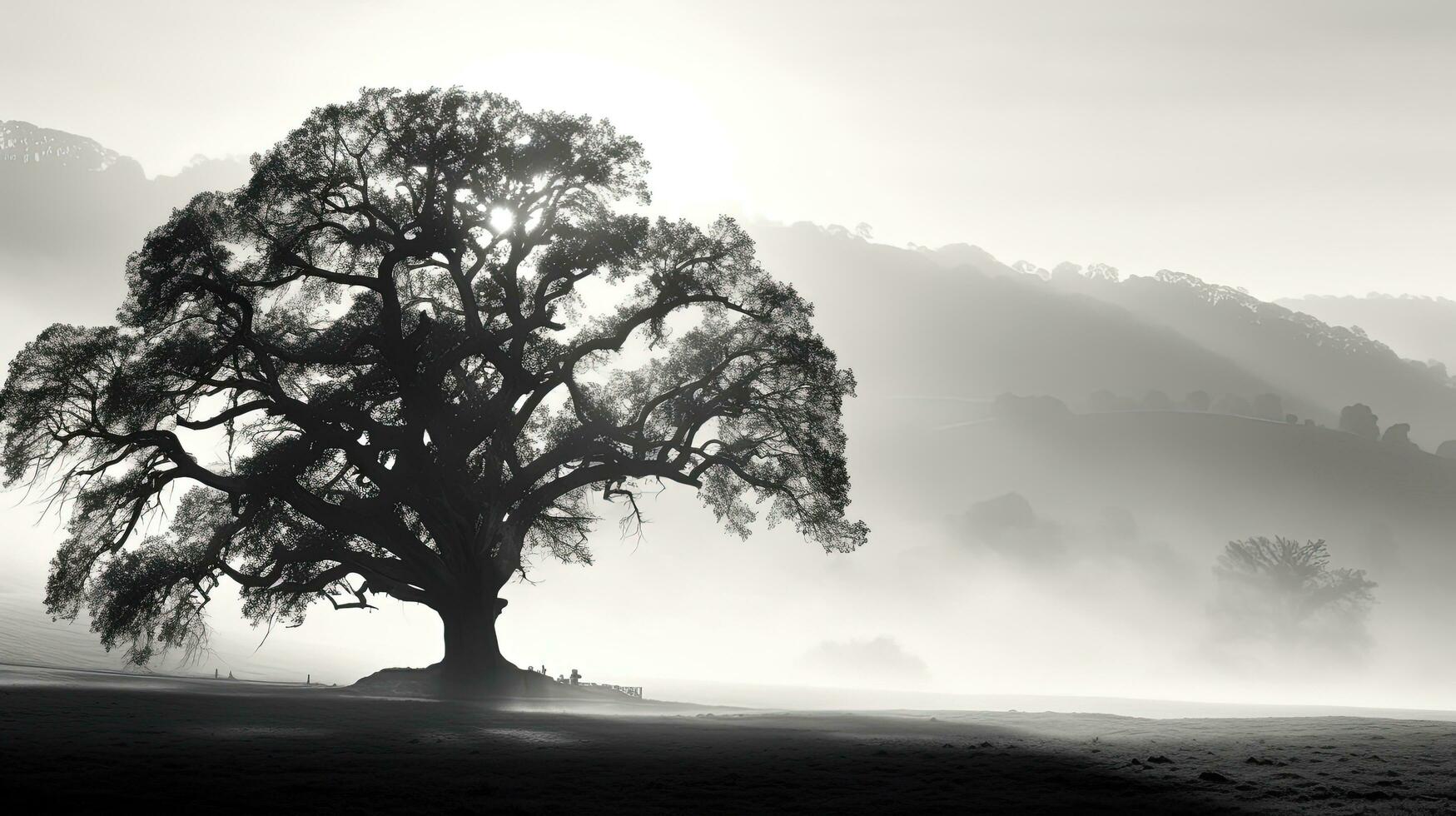 Monochrome picture of a huge oak tree on a foggy California slope at sunrise. silhouette concept photo