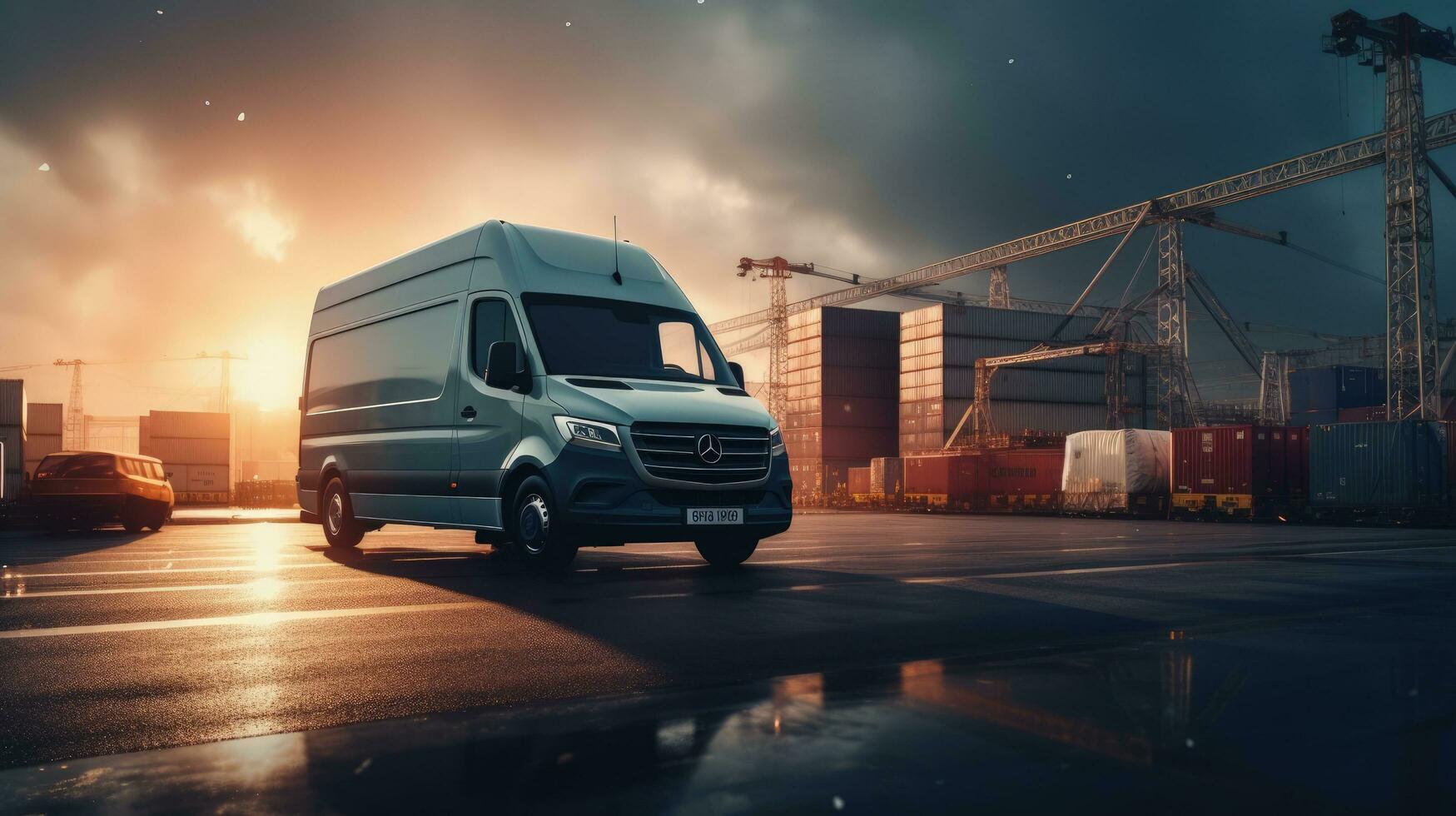 Cargo bus waiting for loading at logistic center while delivery minivan prepped for route. silhouette concept photo