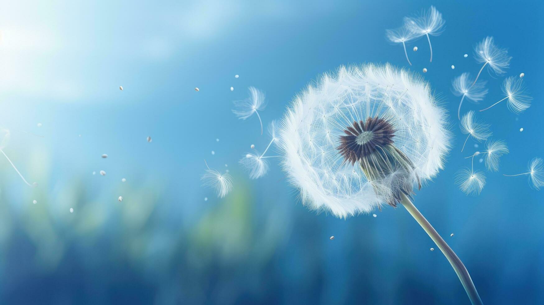 A dandelion silhouette on a vibrant background with seeds in flight photo