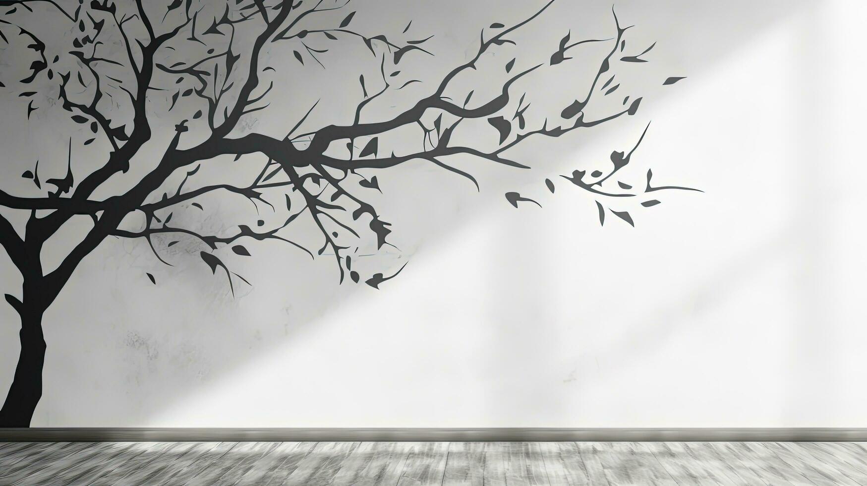 Shadow of leaves on tree branch and trunk pattern on white concrete wall black and white nature shadow art on wall. silhouette concept photo