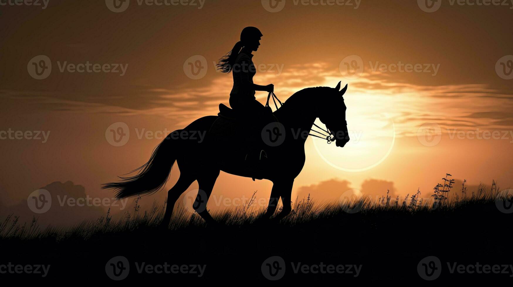 Silhouette of a person riding a horse photo