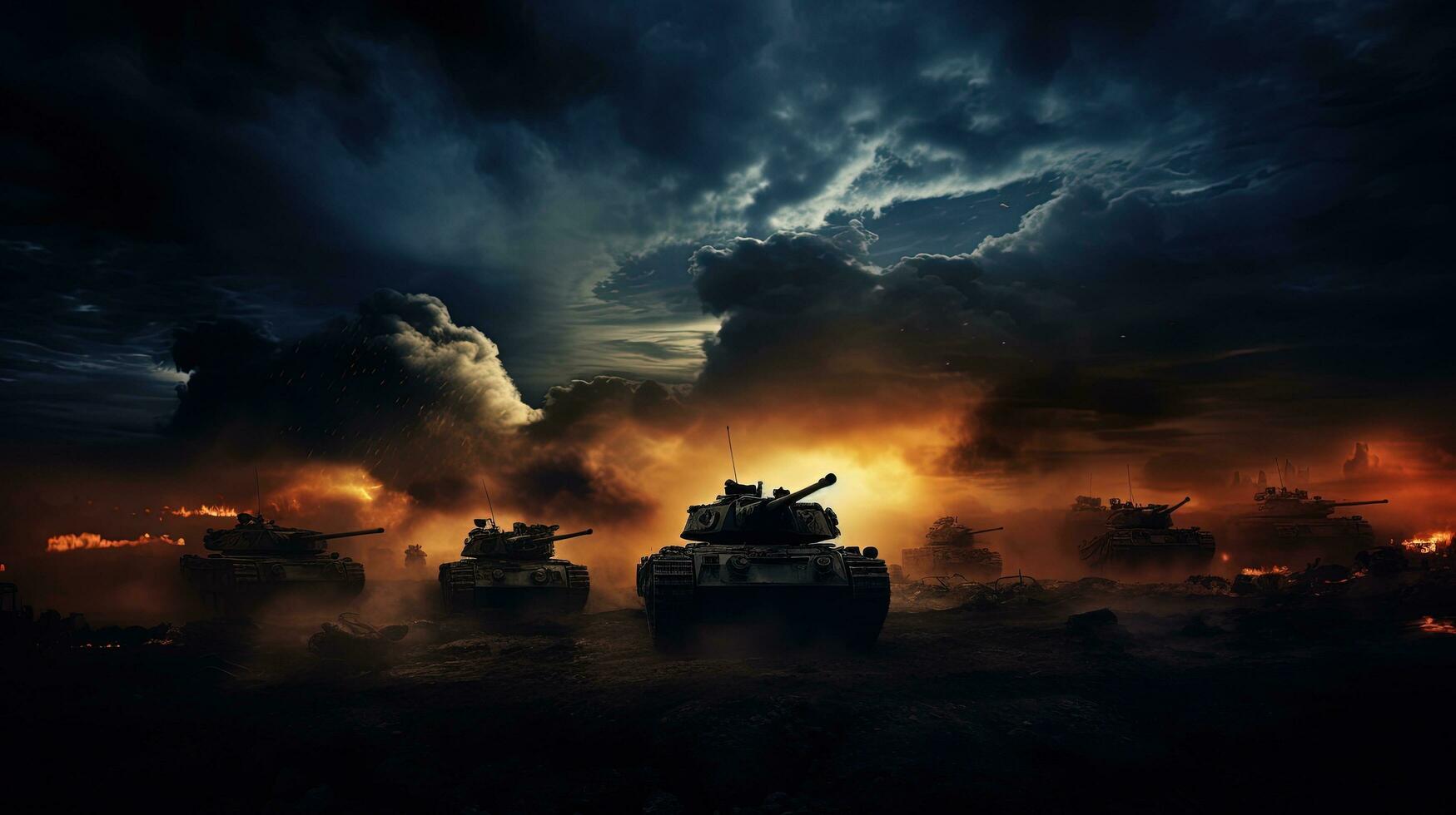 Military silhouettes battle below cloudy sky tanks and armored vehicles fight in war fog background photo