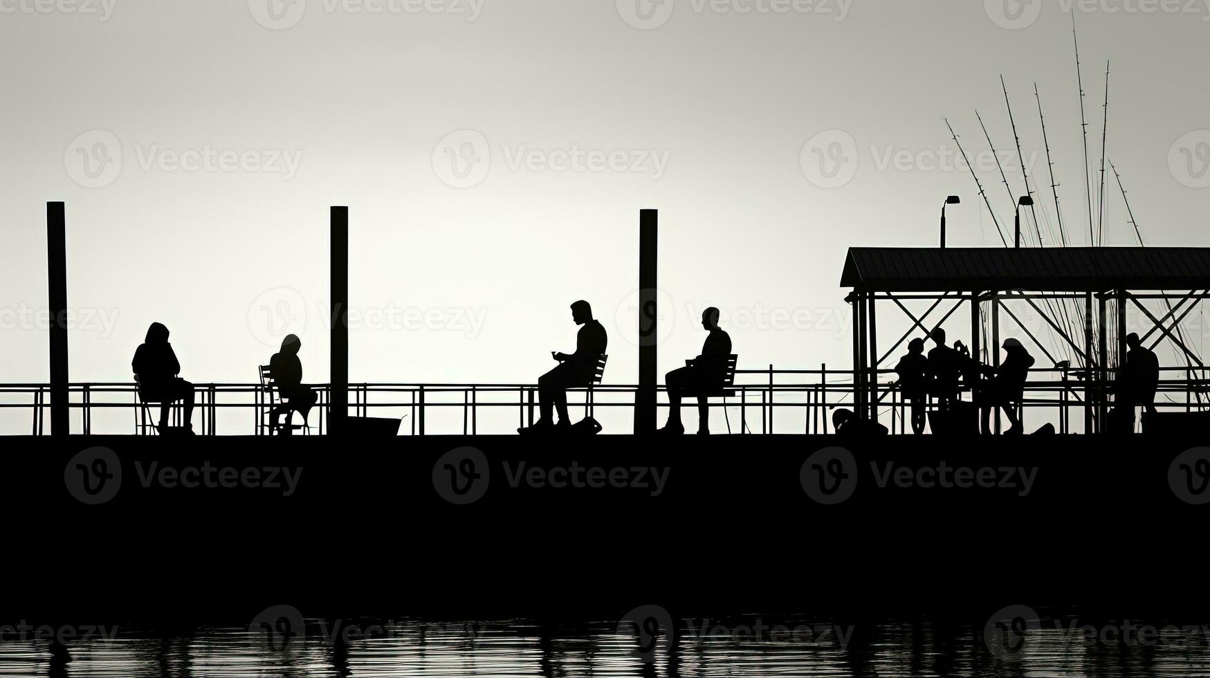 Black and white photograph of people resting on a sea pier. silhouette concept photo