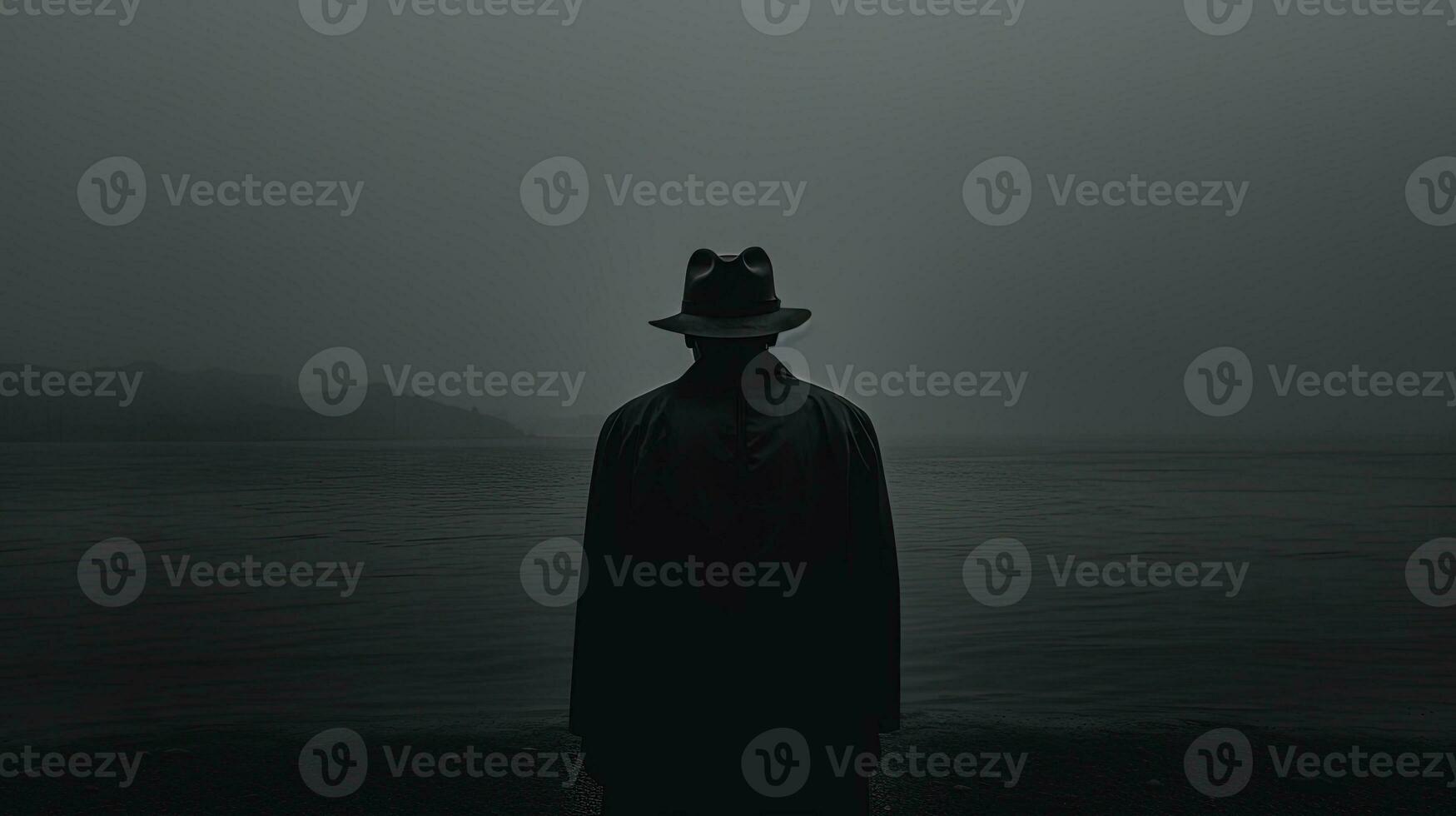 Man in hat in the rain watching fog approach from the sea noir vibes. silhouette concept photo
